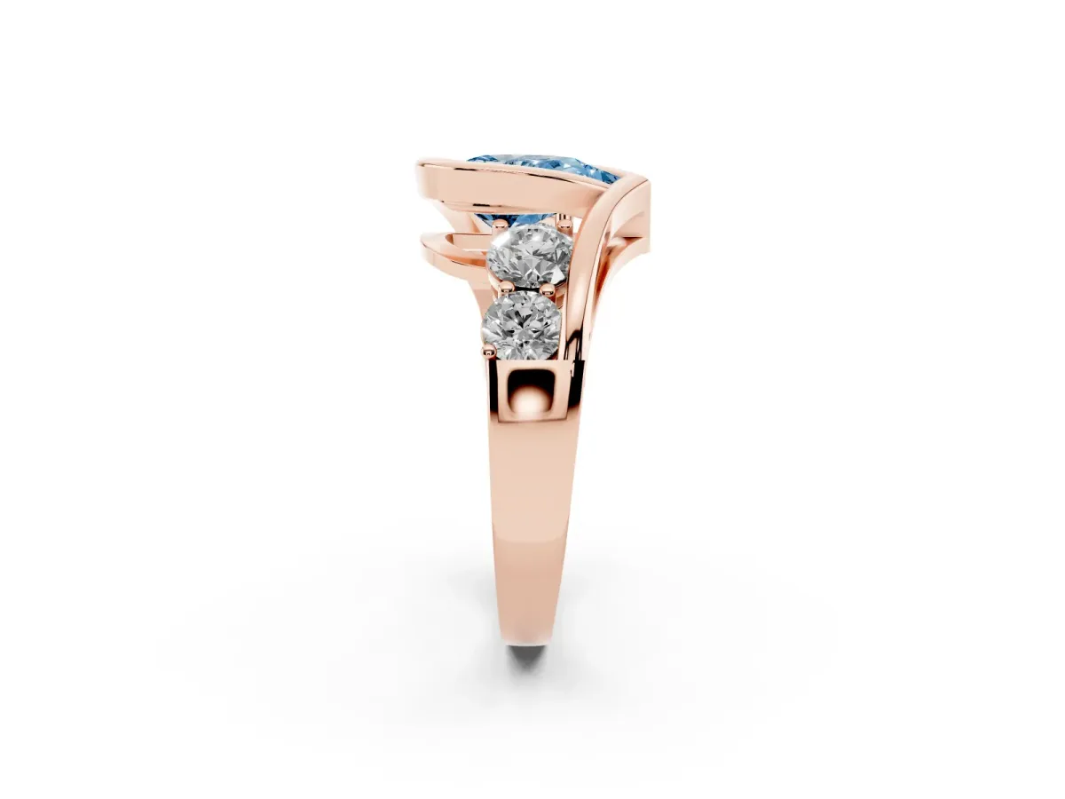 Fancy Blue Bezel Set Pear Cut Diamond Bypass Ring with Round Accents Rose gold