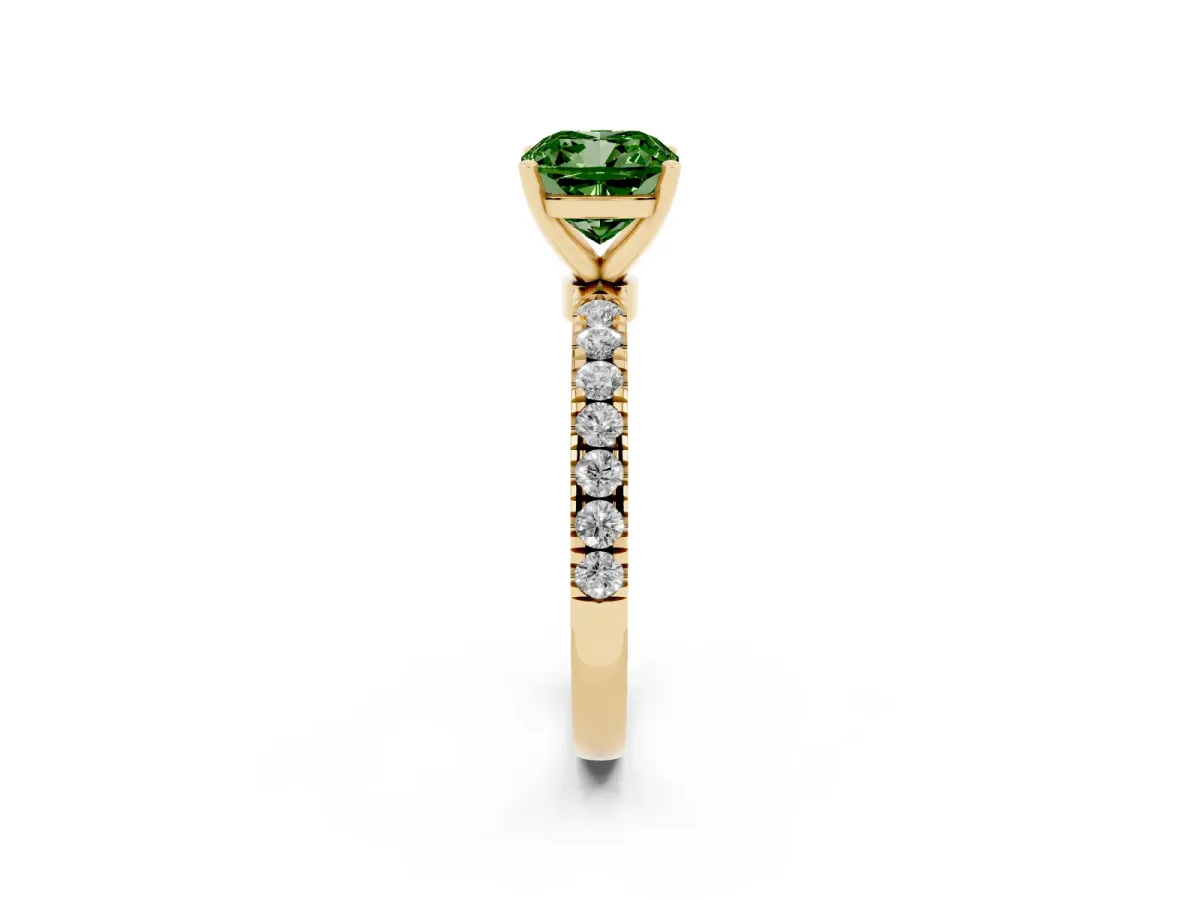 Fancy Green Cushion Cut Diamond Solitaire Ring with Pavé Accents and Four-Prong Setting Yellow gold