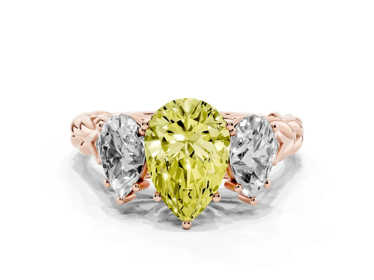 Fancy Yellow Three-Stone Pear Cut Diamond Braided Band Ring with Four-Prong Setting Rose gold
