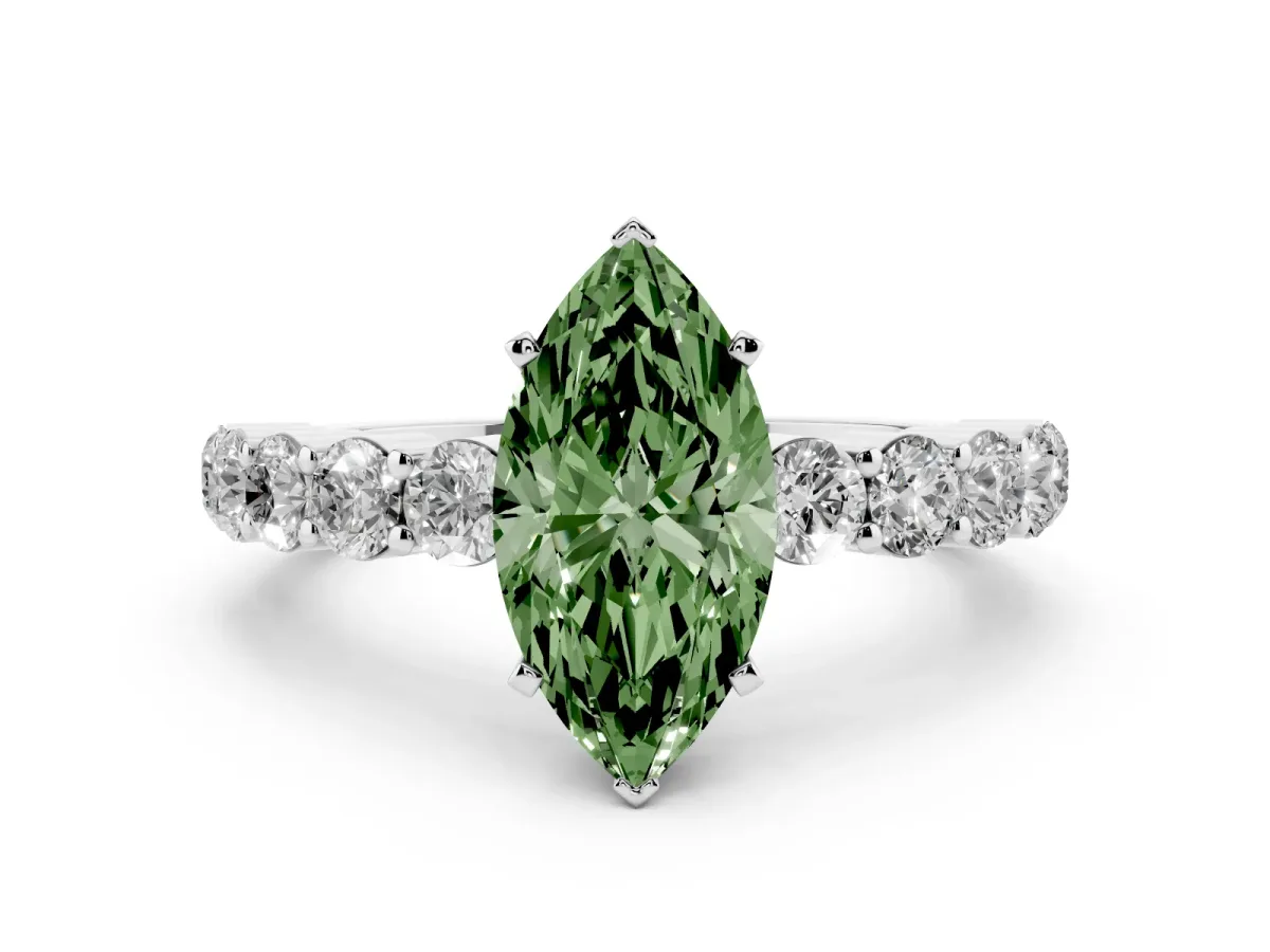 Fancy Green Marquise Cut Diamond Solitaire Ring with Shared Prong Round Side Stones Silver