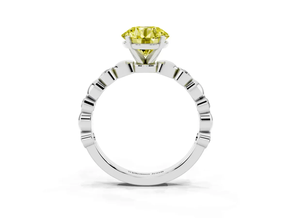 Fancy Yellow Round Cut Solitaire Bezel-Set Diamond Ring with Beaded Band and Four-Prong Setting Platinum