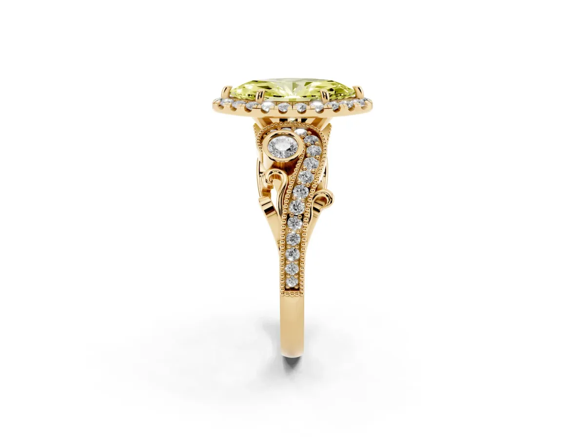 Fancy Yellow Marquise Cut Halo Diamond Ring with Milgrain and Bezel Accents on a Split Shank Band Yellow gold