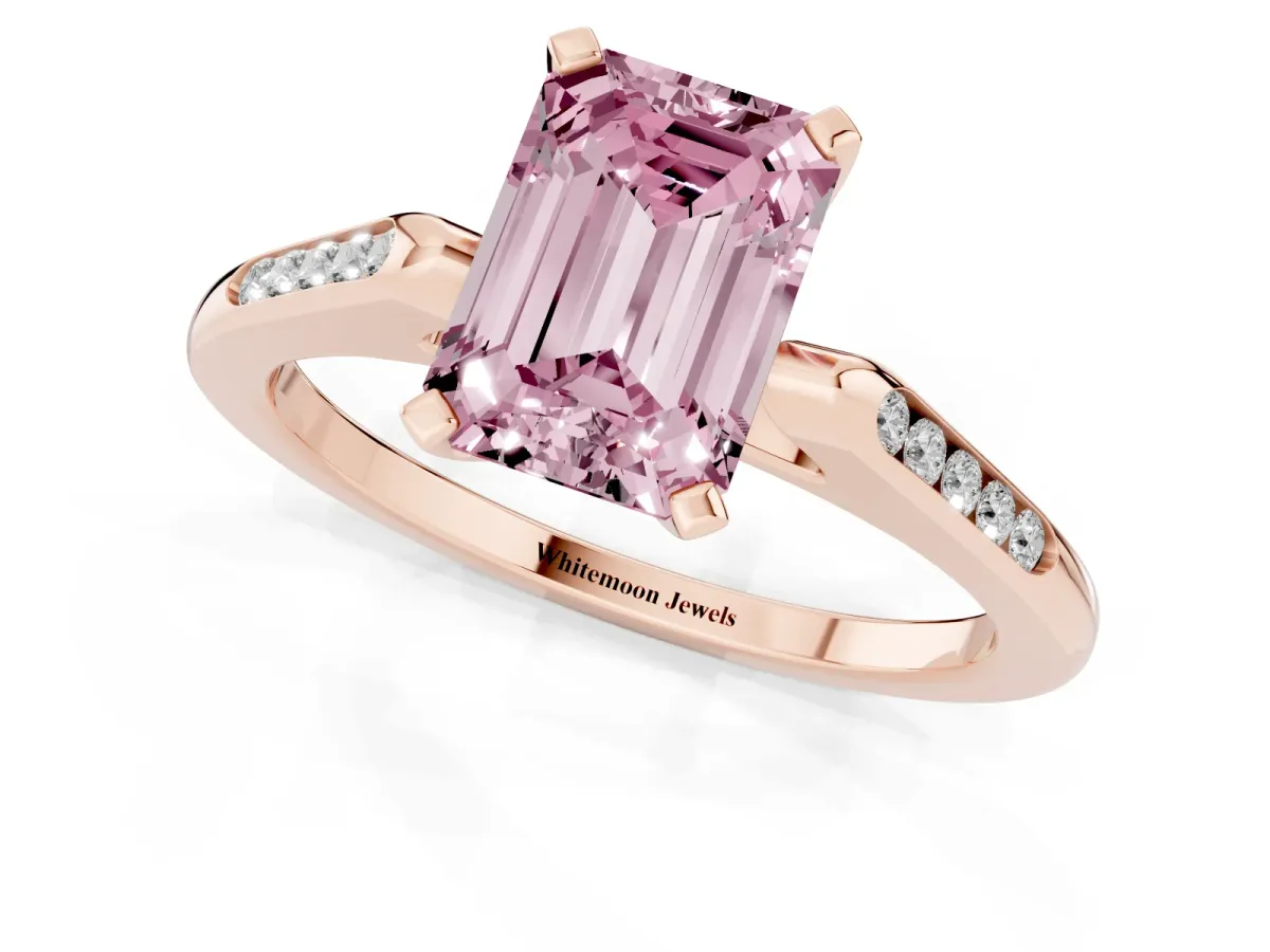 Fancy Pink Emerald Cut Diamond Solitaire Ring with Channel Set Round Band and Prong Setting Rose gold
