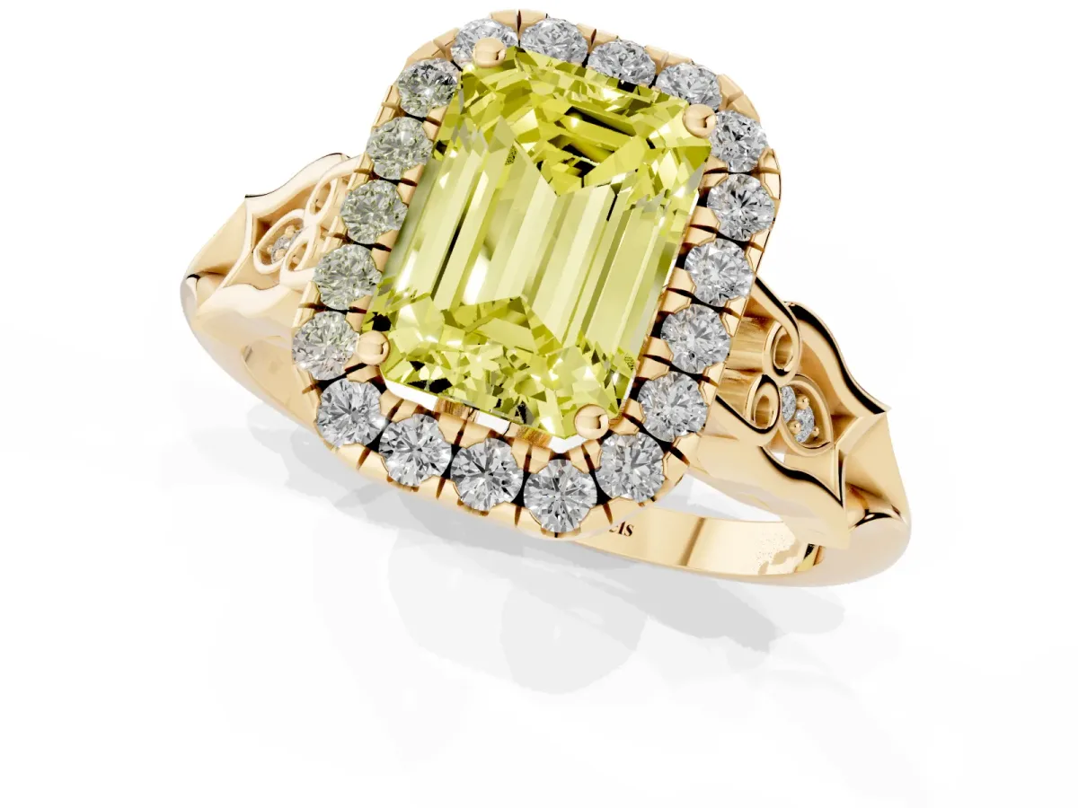 Fancy Yellow Emerald Cut Halo Diamond Engagement Ring with Filigree Band and Four-Prong Setting Yellow gold