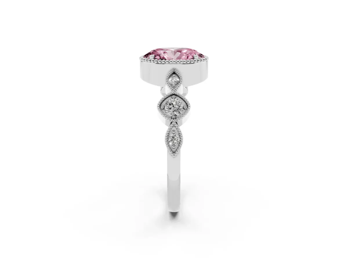 Fancy Pink Oval Cut Diamond Vintage Milgrain Ring with Round Stations Silver