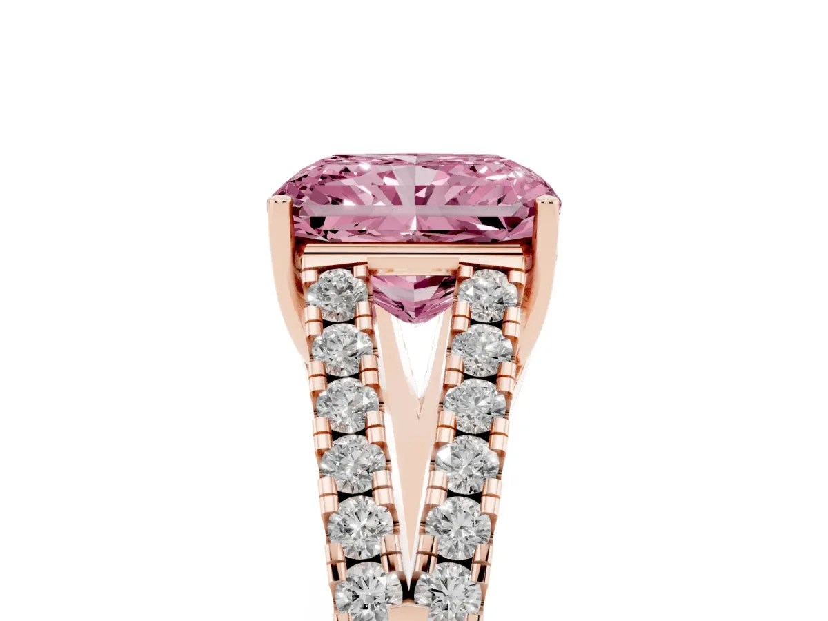 Fancy Pink Radiant Cut Diamond Split Shank Engagement Ring with Round Pavé and Prong Setting Rose gold