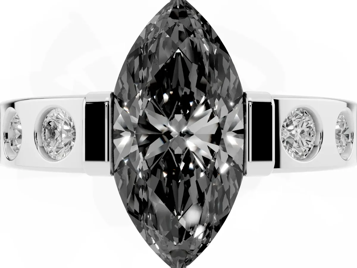 Fancy Black Marquise Cut Brilliant Channel-Set Diamond Ring with Bezel Prong Setting Silver