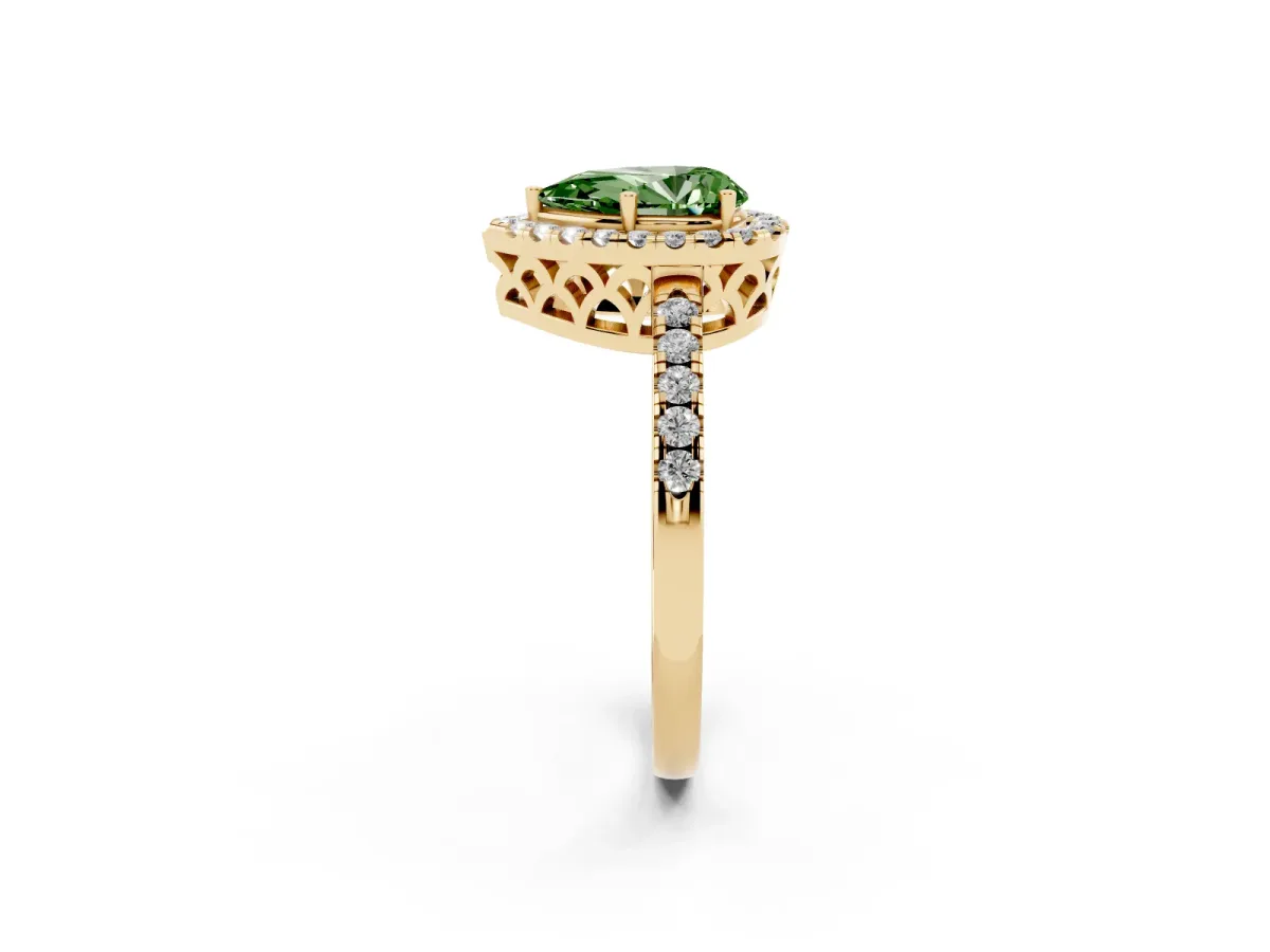Fancy Green Pear Cut Halo Diamond Engagement Ring with Pavé Band and Four-Prong Setting Yellow gold