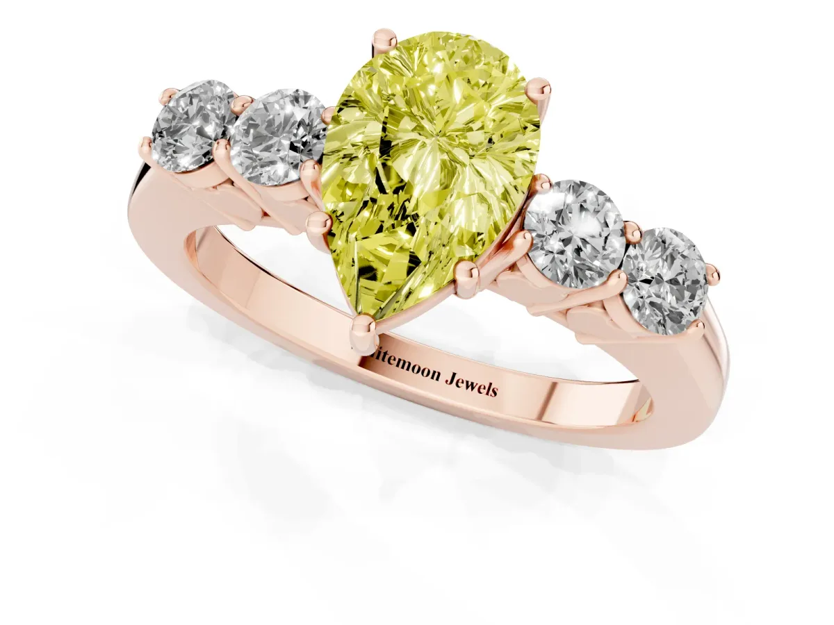 Fancy Yellow Pear Cut Cut Diamond Five-Stone Prong Set White Gold Ring Rose gold