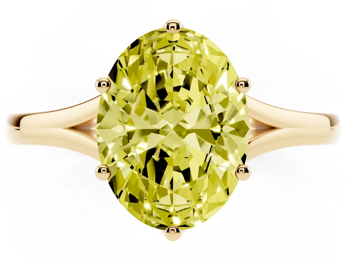 Fancy Yellow Oval Cut Solitaire Diamond Ring with Six-Prong Setting and Tapered Band Yellow gold