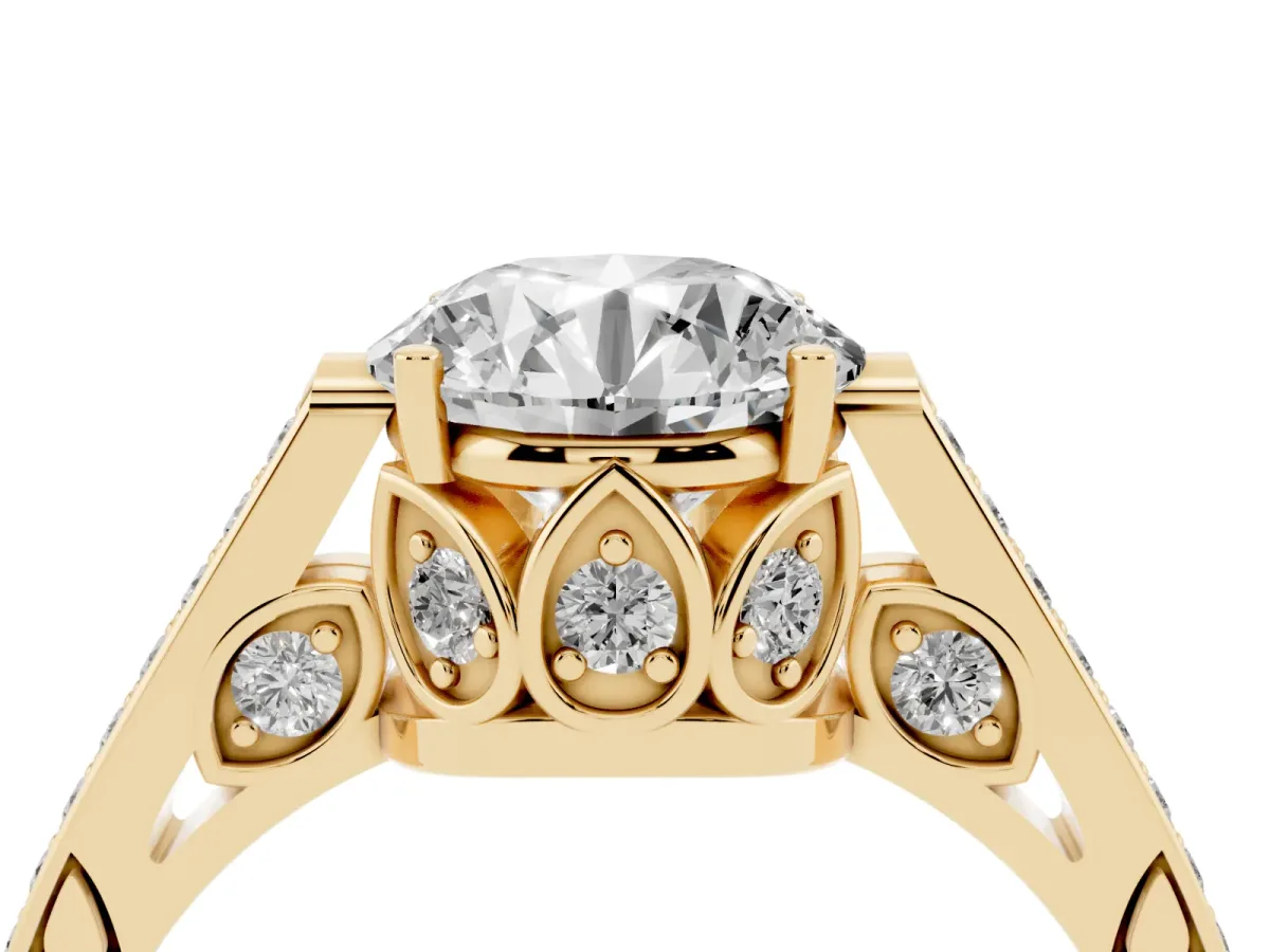 Round Cut Cut Cathedral Pave Diamond Engagement Ring with Six-Prong Setting Yellow gold
