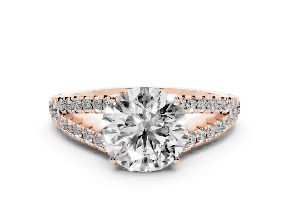 Round Cut Diamond Split Shank Engagement Ring with Round Pavé and Prong Setting Rose gold