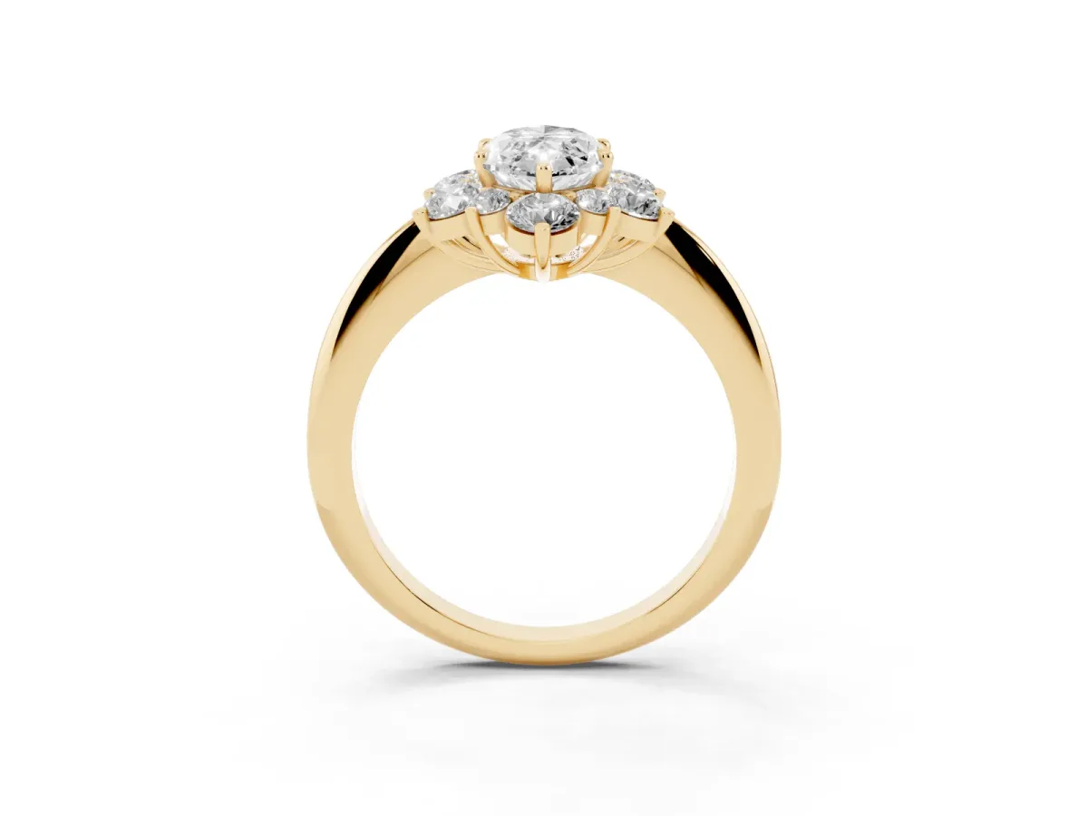 Marquise Cut Diamond Cluster Halo Ring with Solitaire Band and Four-Prong Setting Yellow gold