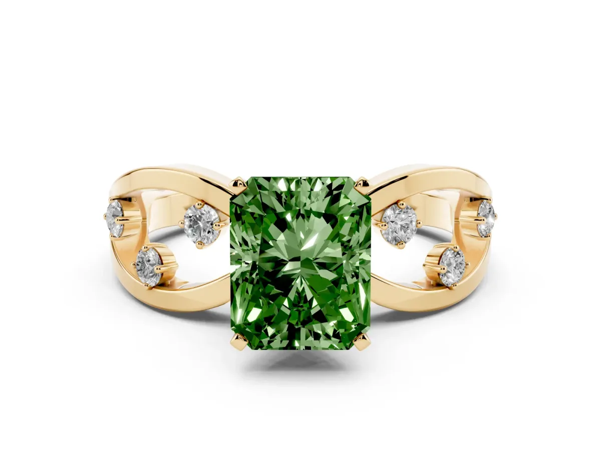Fancy Green Radiant Cut Cut Solitaire Diamond with Side Stones on Criss-Cross Band and Four-Prong Setting Yellow gold