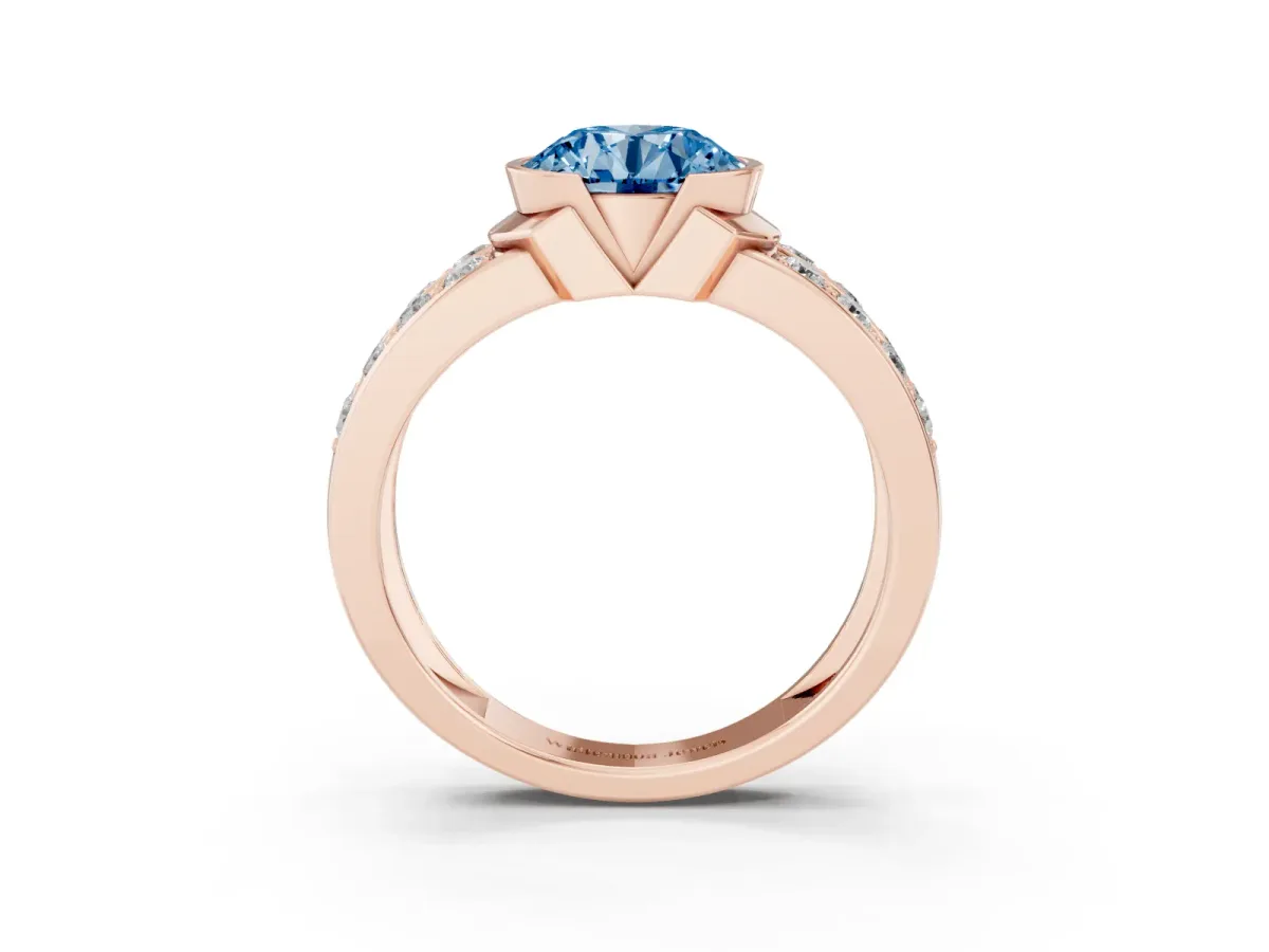 Fancy Blue Round Cut Brilliant Diamond Channel Set Wide Band Ring with Bezel Setting Rose gold