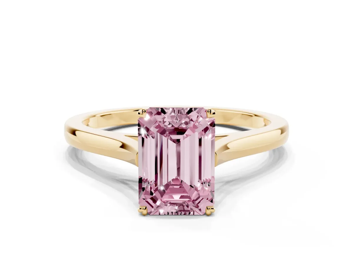 Fancy Pink Emerald Cut Solitaire Heart Prong Engagement Ring with Tapered Band Yellow gold