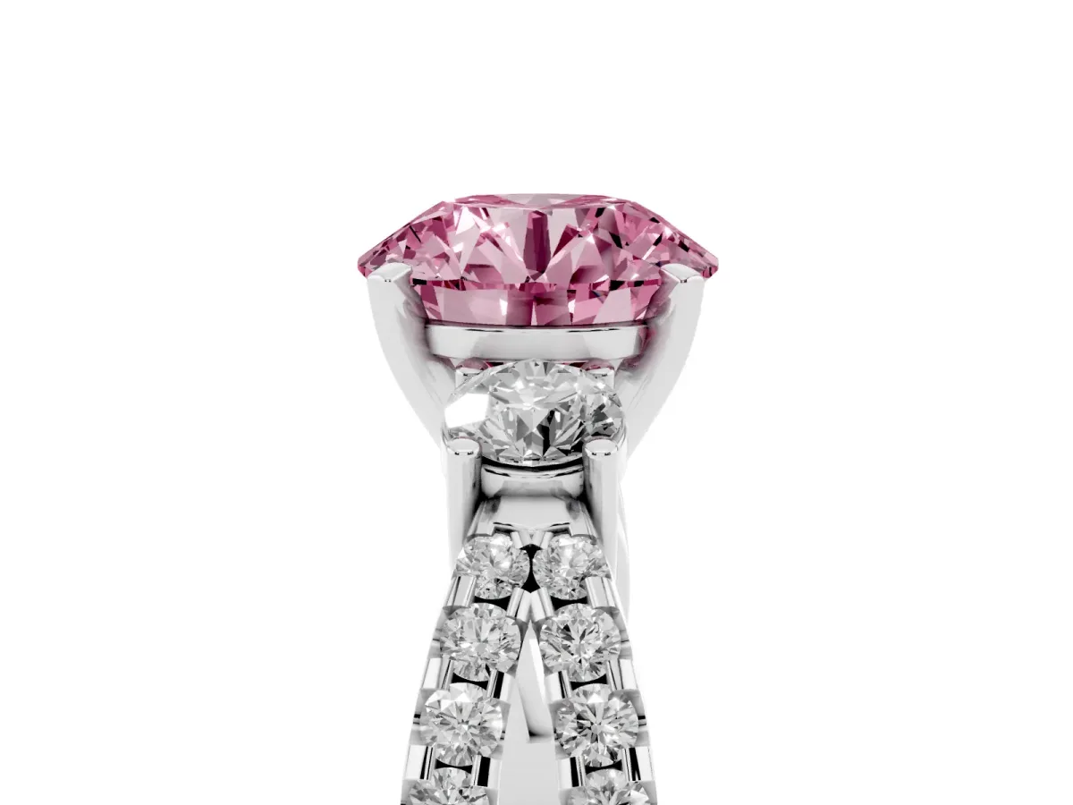 Fancy Pink Round Cut Diamond Three-Stone Ring with Pavé Split Shank and Four-Prong Setting Silver