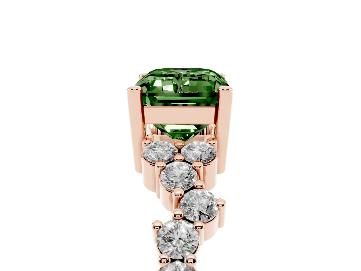 Fancy Green Emerald Cut Diamond Scattered Round Accent Ring with Prong Setting Rose gold