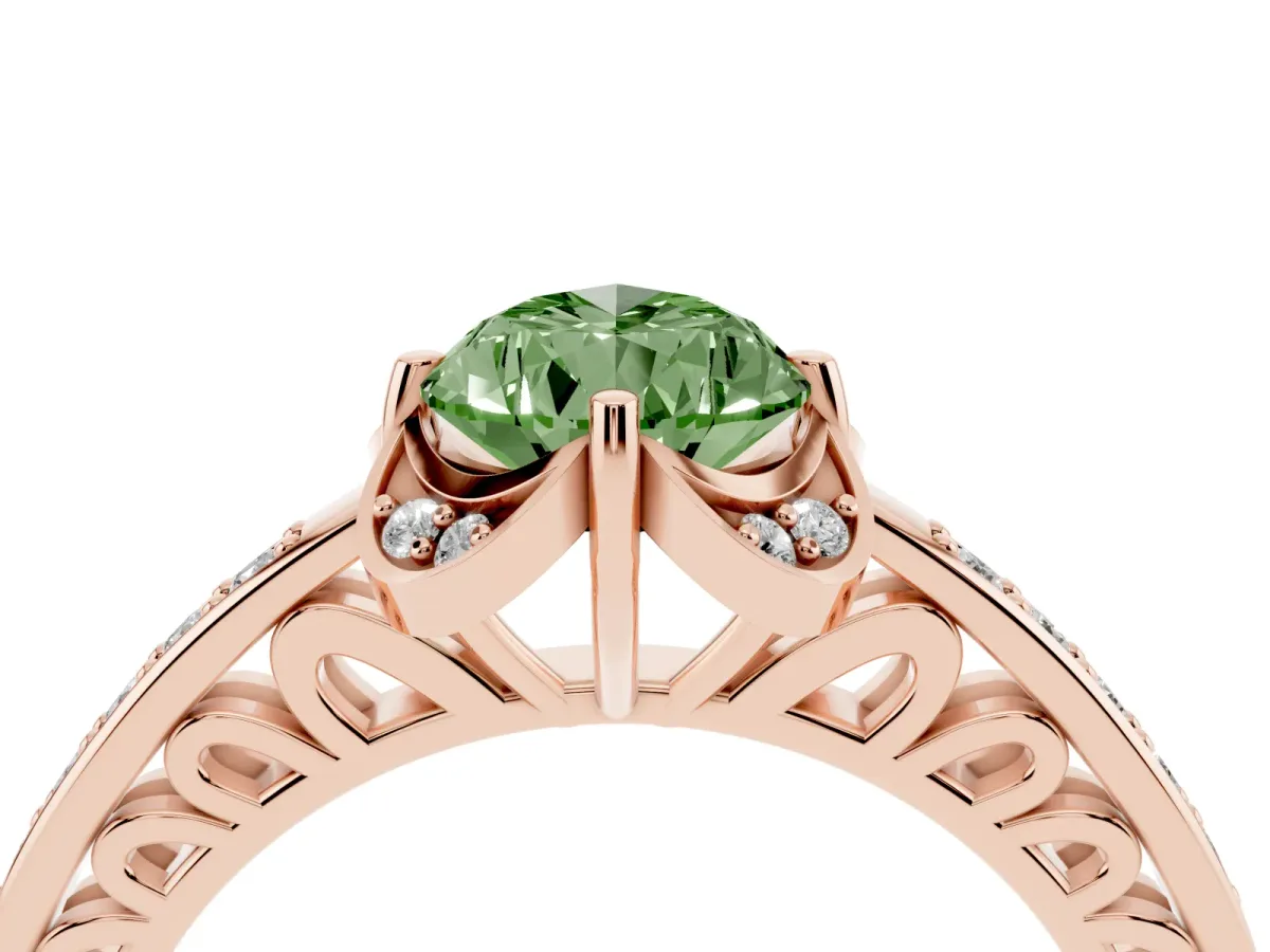 Fancy Green Pear Cut Cut Halo Diamond Ring with Channel Set Band and Four-Prong Setting Rose gold