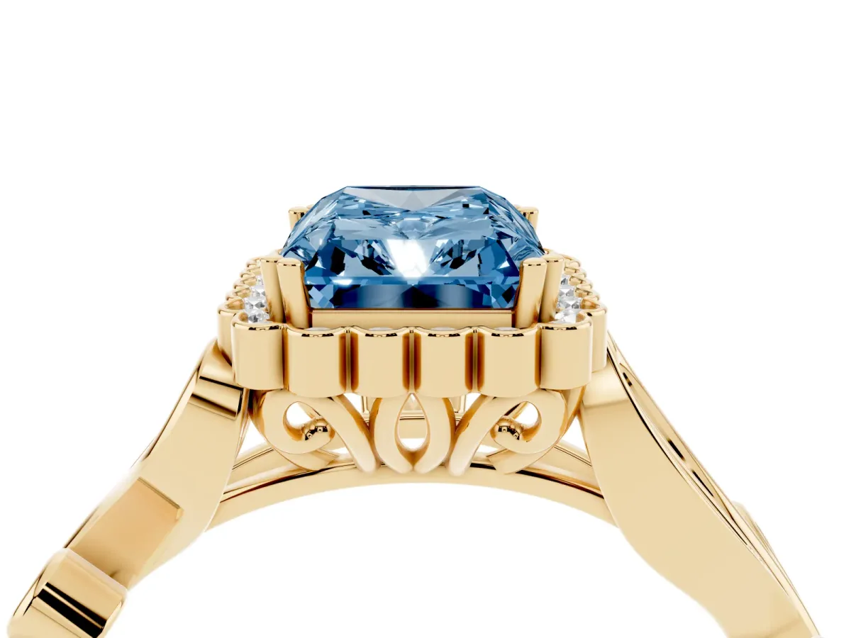 Fancy Blue Radiant Cut Diamond Halo Ring with Vintage Split Shank and Four-Prong Setting Yellow gold