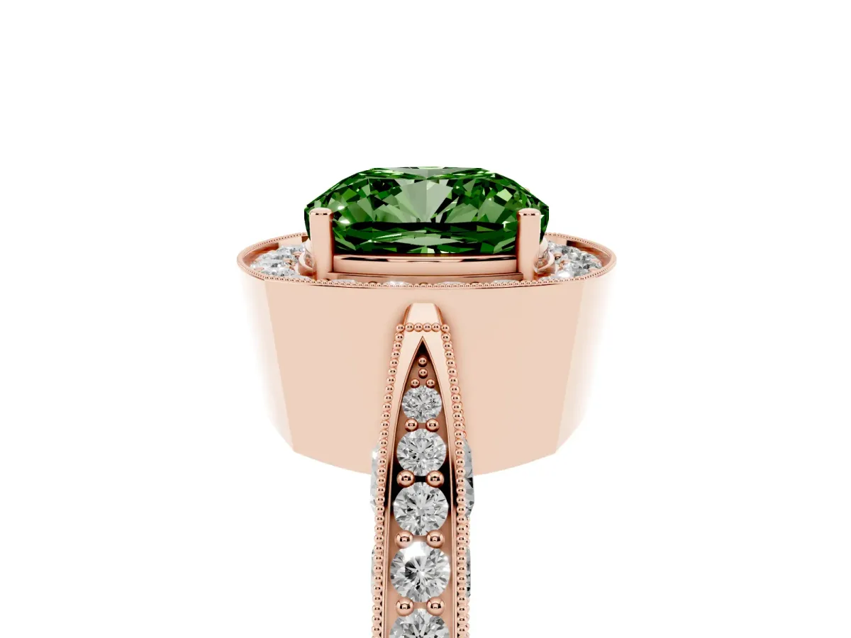 Fancy Green Cushion Cut Halo Diamond Engagement Ring with Split Shank Band and Four-Prong Setting Rose gold