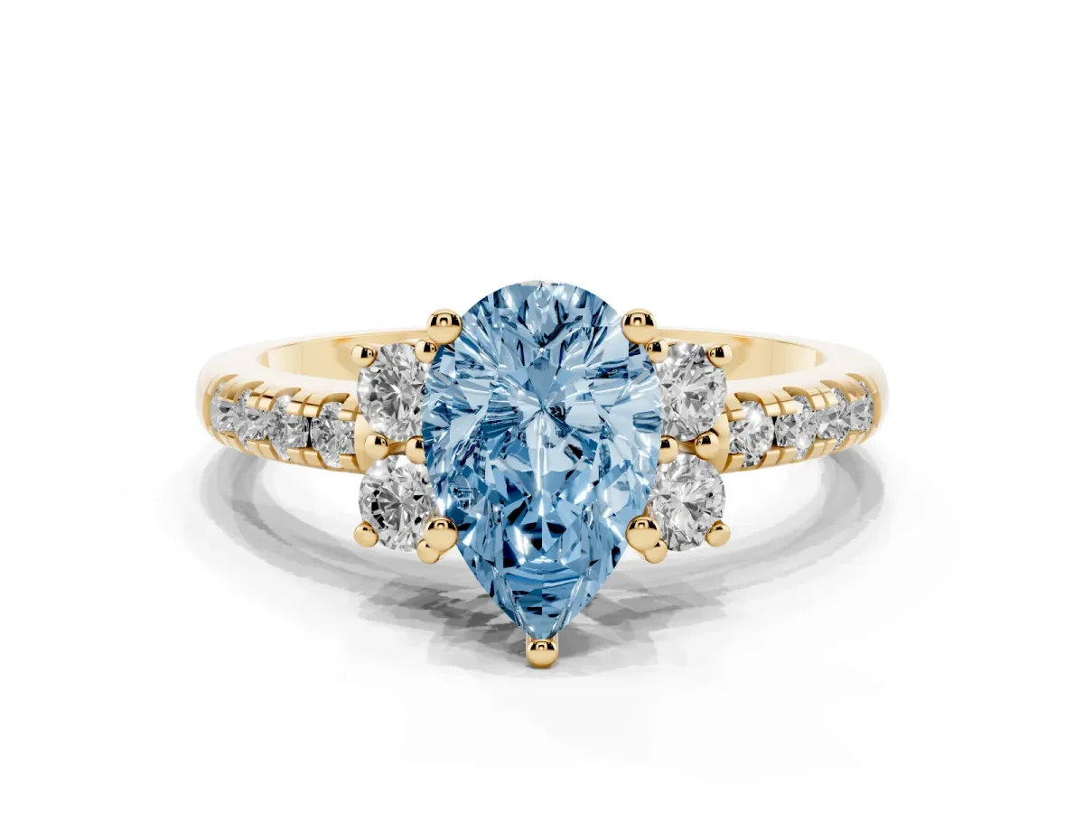 Fancy Blue Pear Cut Diamond Three-Stone Pave Band with Four-Prong Setting Yellow gold