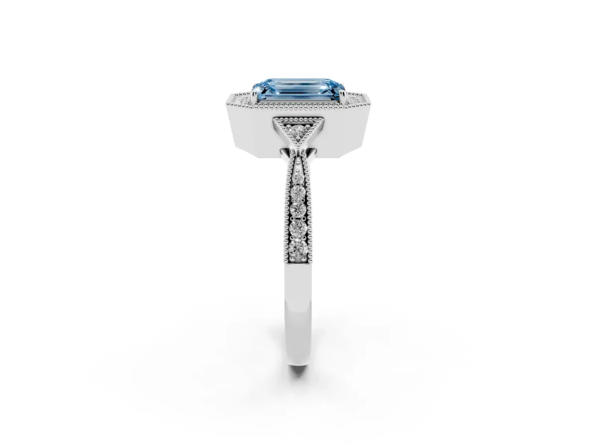Fancy Blue Emerald Cut Halo Round Diamond Milgrain Pave Engagement Ring Silver
