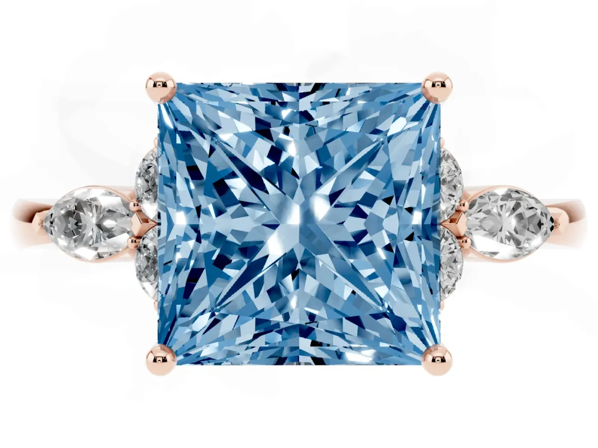 Fancy Blue Princess Cut Brilliant Diamond Solitaire Ring with Pear Side Stones and Four-Prong Setting Rose gold