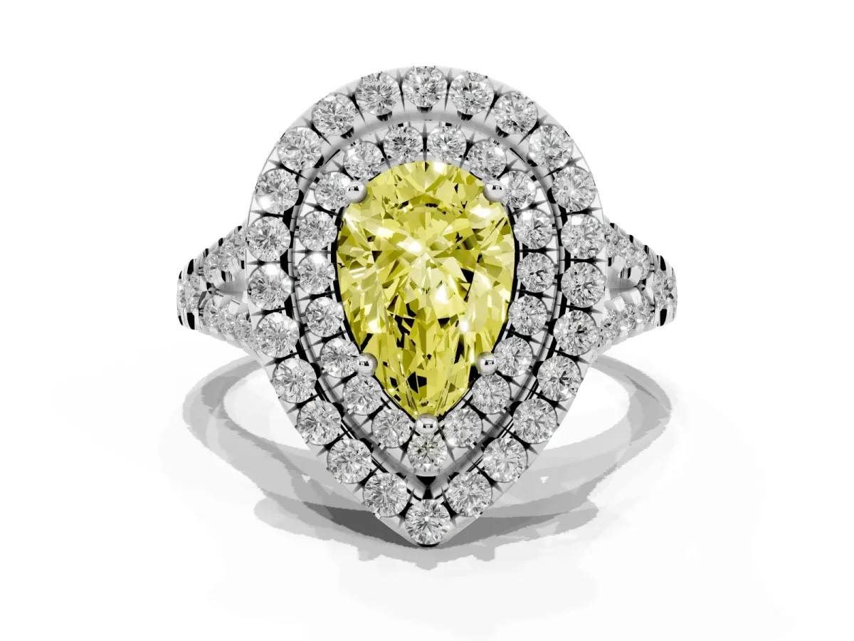 Fancy Yellow Double Halo Pear Cut Diamond Pavé Split Shank Ring with Prong Setting White gold