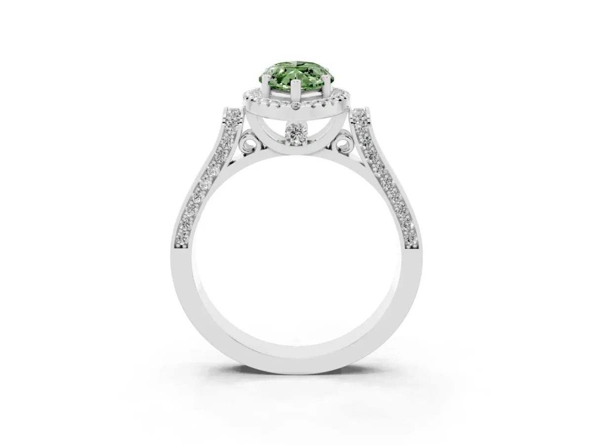 Fancy Green Marquise Cut Halo Round Diamond Twist Band with Four-Prong Setting White gold