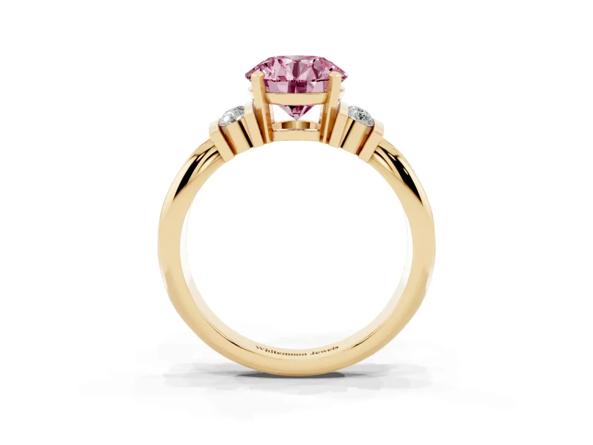 Fancy Pink Round Cut Cut Three-Stone Channel Set Ring with Bar Prongs Yellow gold