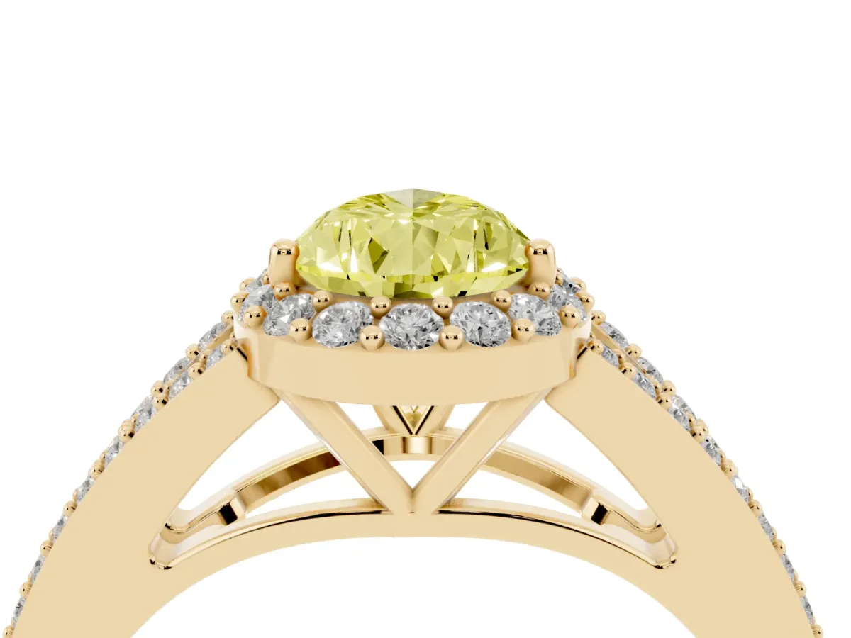 Fancy Yellow Pear Cut Halo Split Shank Diamond Ring with Prong Setting Yellow gold