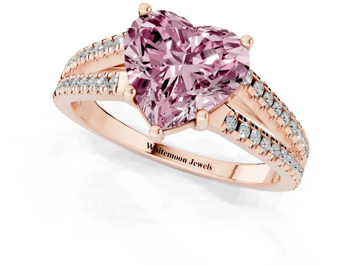 Fancy Pink Heart Cut Diamond Solitaire Engagement Ring with Split Shank Pavé Band Rose gold