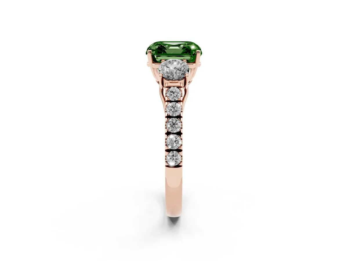 Fancy Green Asscher Cut Cut Diamond Three-Stone Ring with Round Side Stones and Pavé Band Rose gold