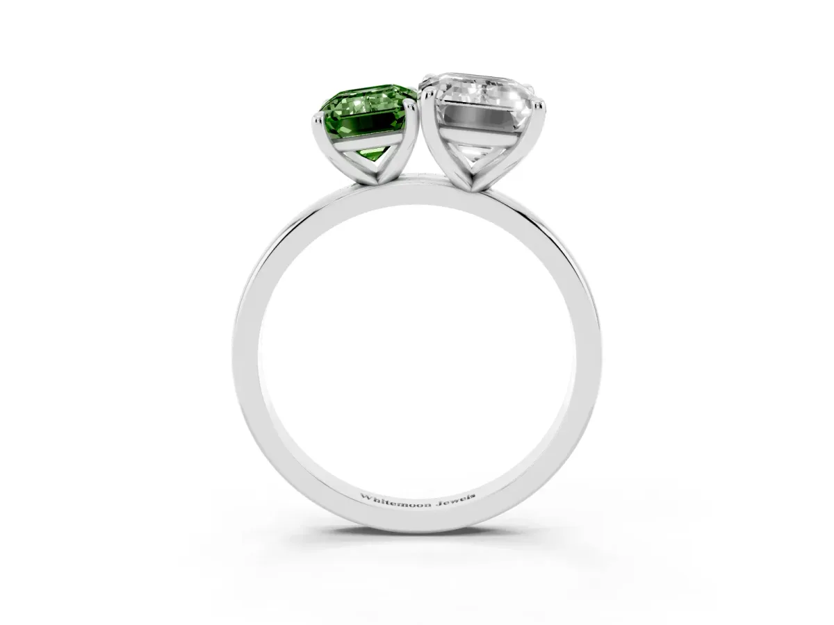 Fancy Green Emerald Cut and Emerald Cut Toi Moi Ring with Prong Setting Platinum