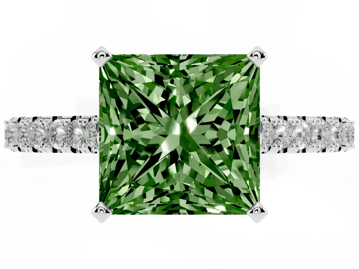 Fancy Green Princess Cut Cut Solitaire Diamond Engagement Ring with Pave Band and Four-Prong Setting Platinum