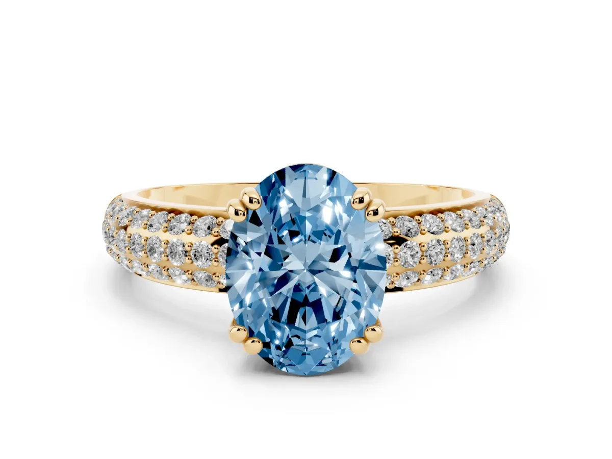Fancy Blue Oval Cut Diamond Solitaire Ring with Multi-Row Round Pavé Band and Prong Setting Yellow gold