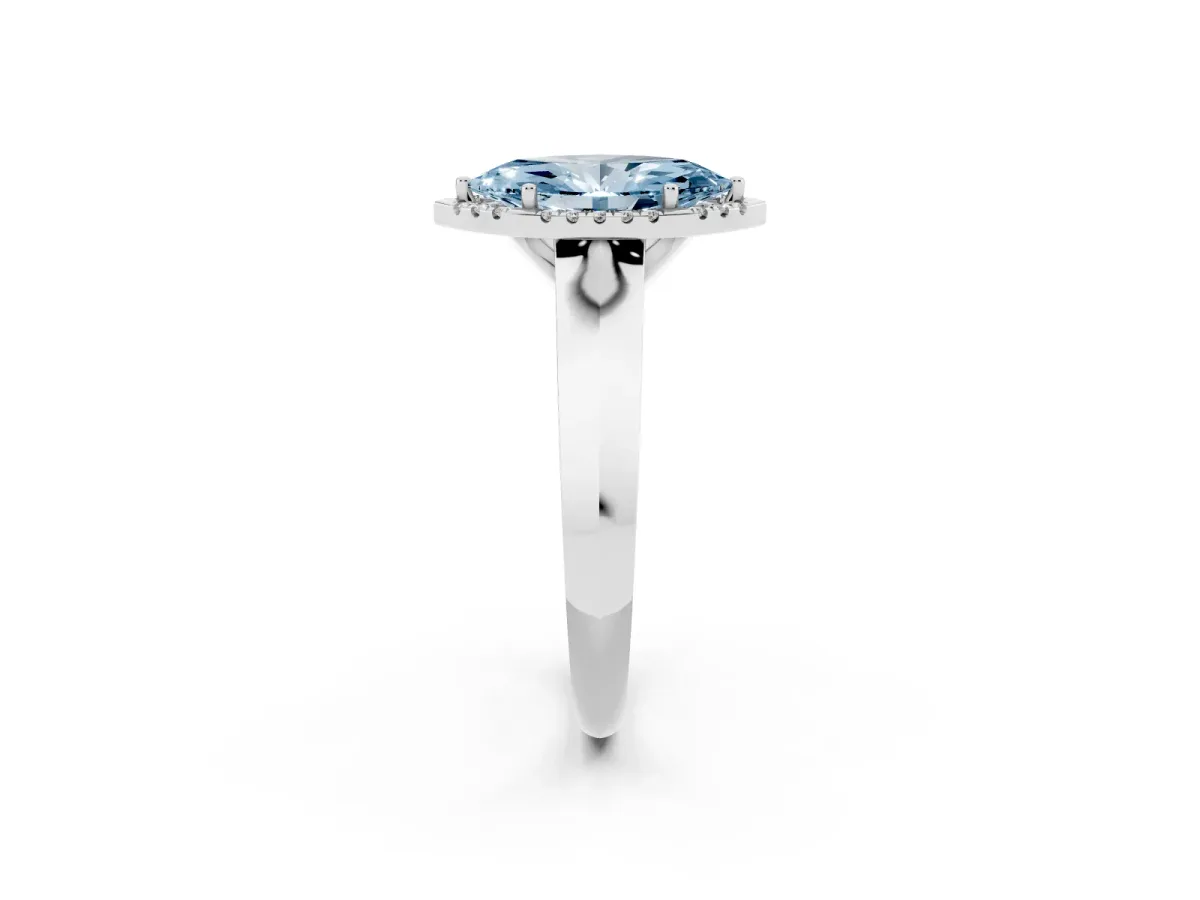 Fancy Blue Marquise Cut Halo Diamond Ring with Cathedral Band and Four-Prong Setting White gold
