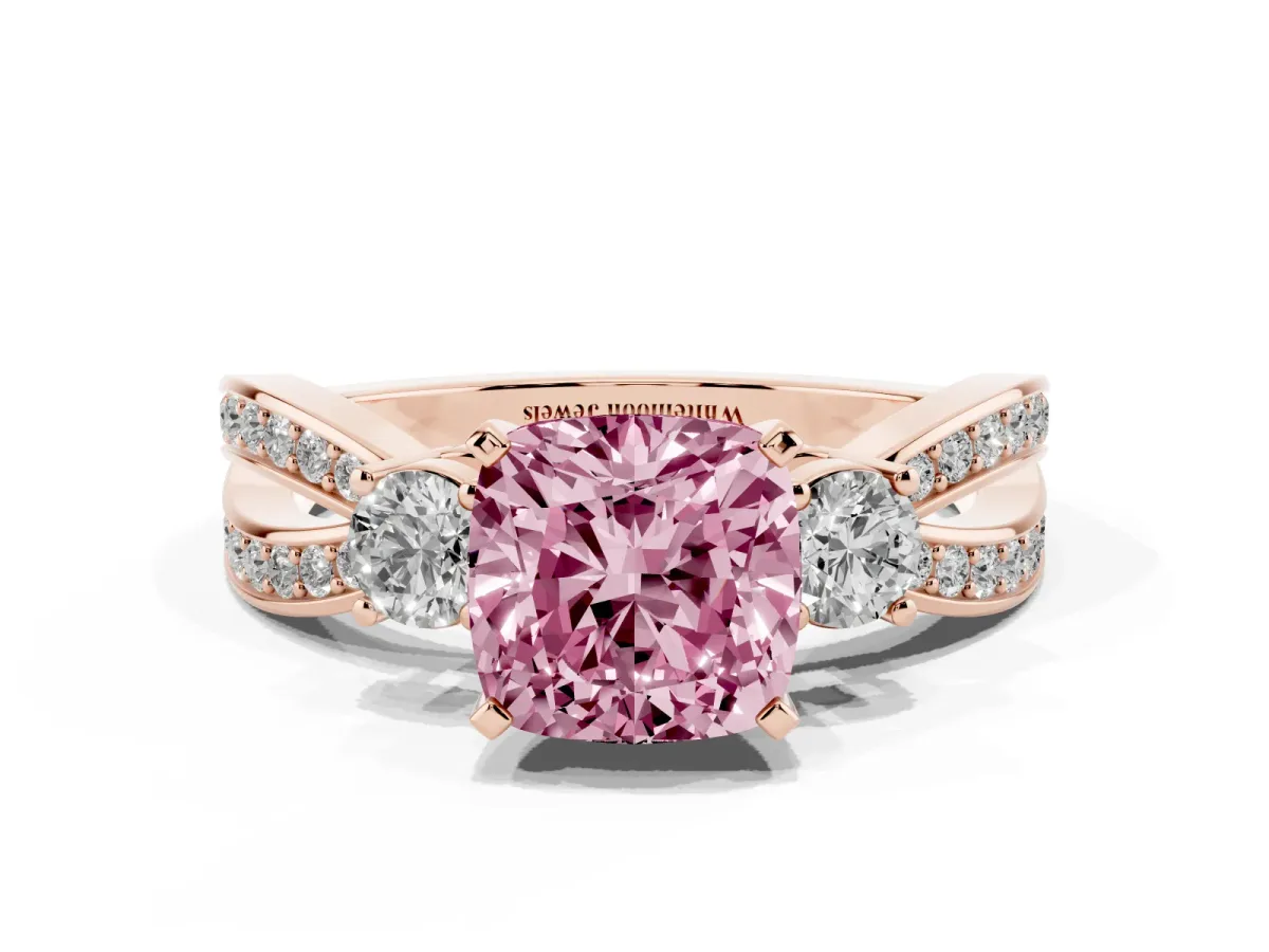 Fancy Pink Three-Stone Cushion Cut Cut Diamond Twist Band with Prong Setting Rose gold