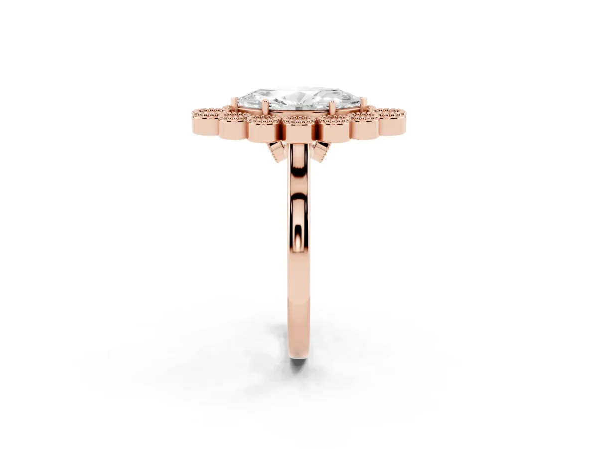 Marquise Cut Halo Diamond Cluster Engagement Ring with Milgrain Bezel Setting and Solitaire Band Rose gold