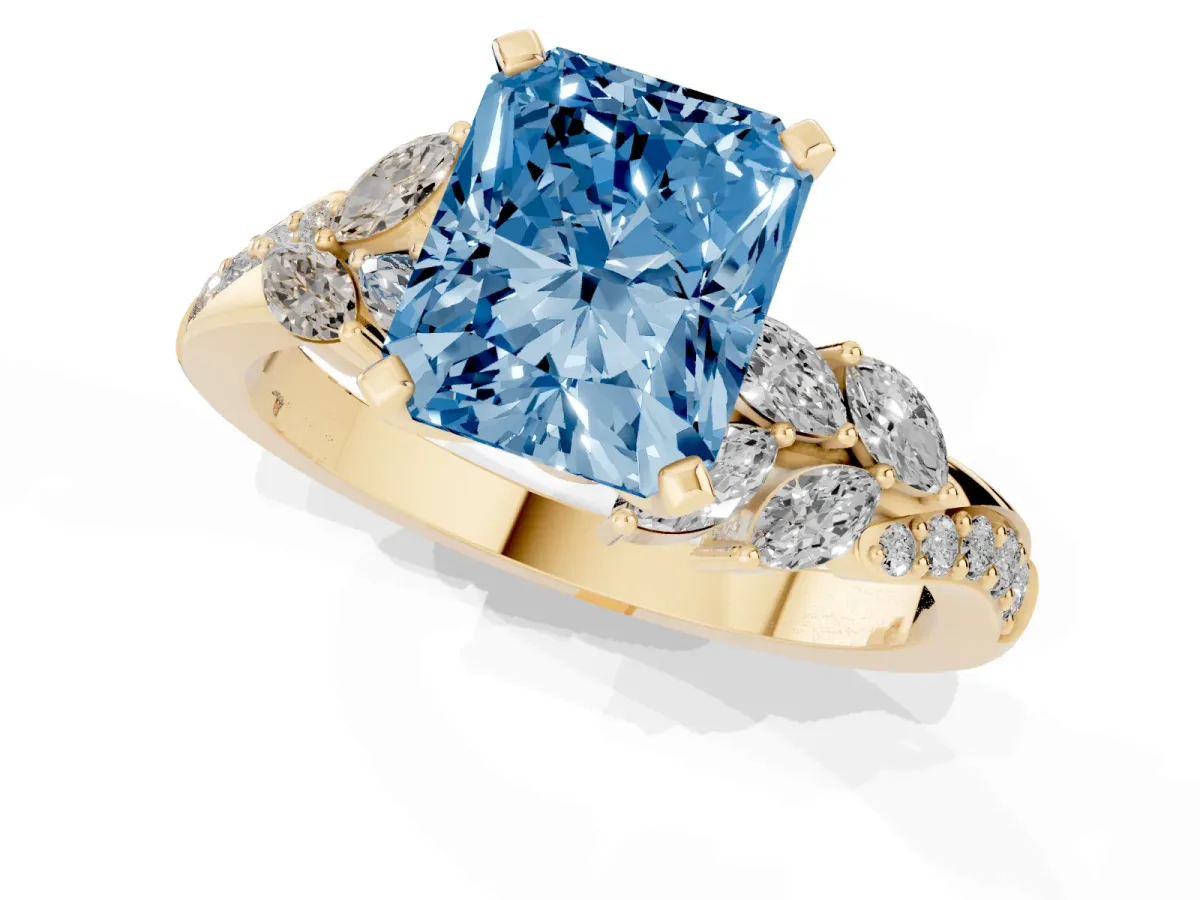 Fancy Blue Radiant Cut Solitaire Marquise Twist Band with Six-Prong Setting Yellow gold