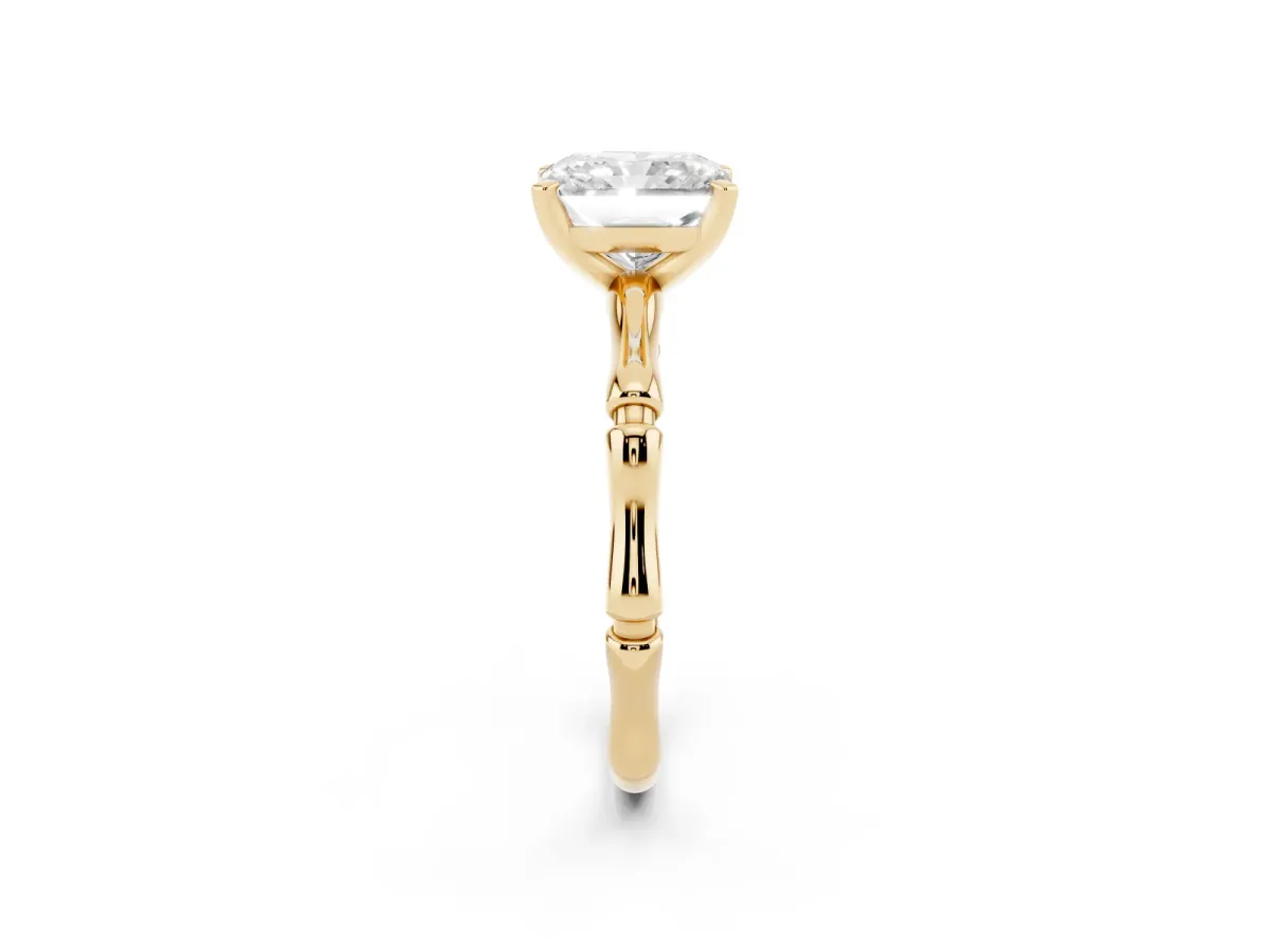 Radiant Cut Solitaire Diamond Ring with Bamboo Band and Four-Prong Setting Yellow gold