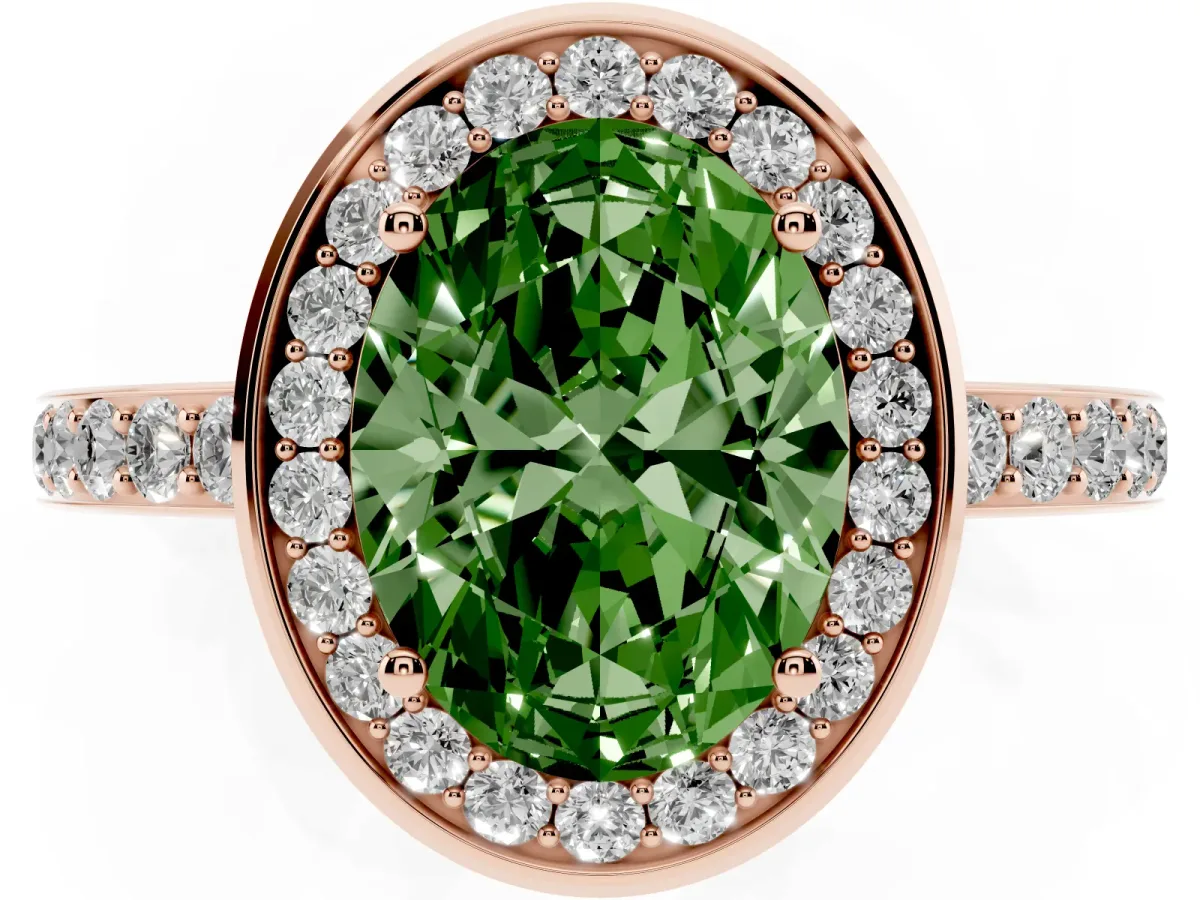 Fancy Green Oval Cut Diamond Halo Ring with Bezel Frame and Pavé Band Rose gold