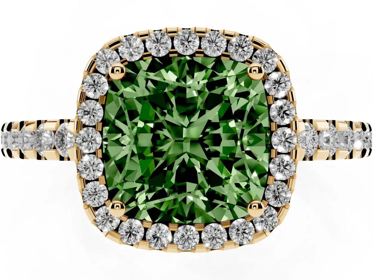 Fancy Green Cushion Cut Diamond Halo Engagement Ring with Pavé Band and Prong Setting Yellow gold