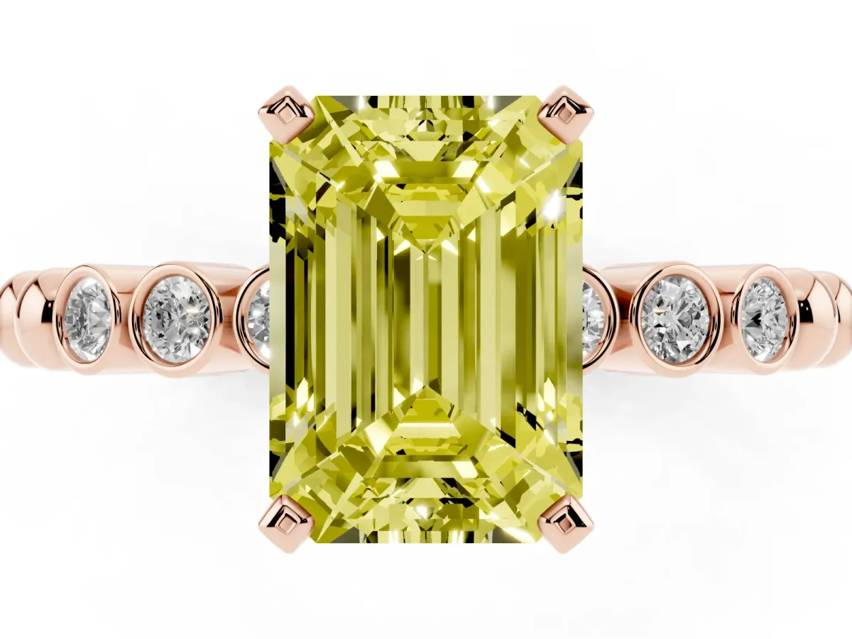 Fancy Yellow Emerald Cut Solitaire Bezel Accent Diamond Engagement Ring with Beaded Band and Four-Prong Setting Rose gold