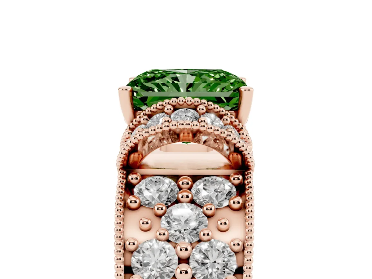 Fancy Green Radiant Cut Halo Pave Diamond Engagement Ring with Milgrain Detailing Rose gold
