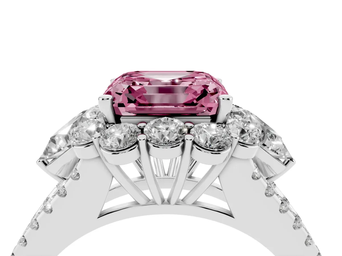 Fancy Pink Asscher Cut Halo Split Shank Diamond Engagement Ring with Prong Setting Silver