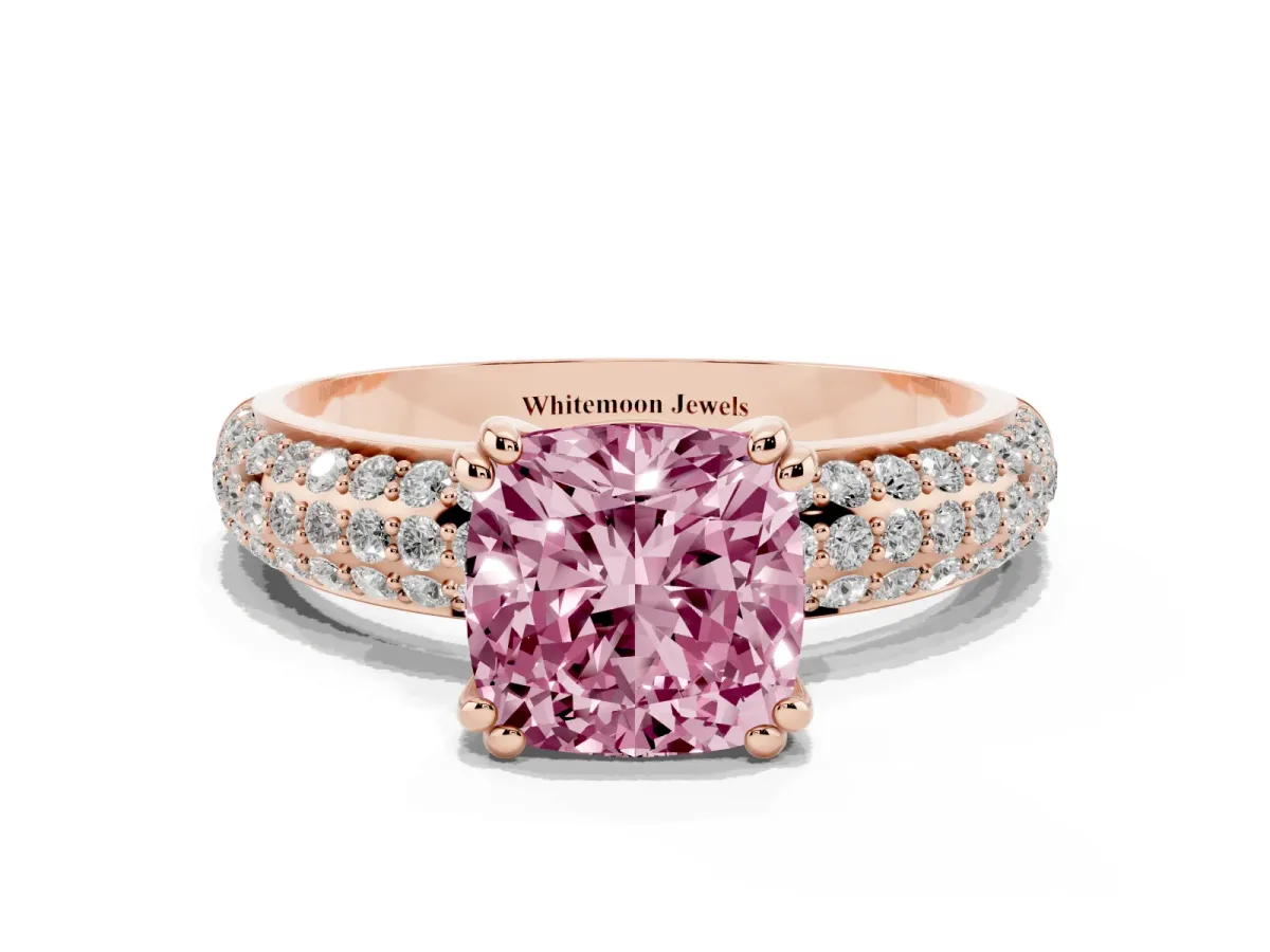 Fancy Pink Cushion Cut Diamond Solitaire Ring with Multi-Row Round Pavé Band and Prong Setting Rose gold