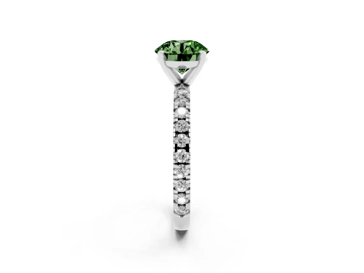 Fancy Green Round Cut Diamond Pavé Band Solitaire with Four-Prong Setting Silver