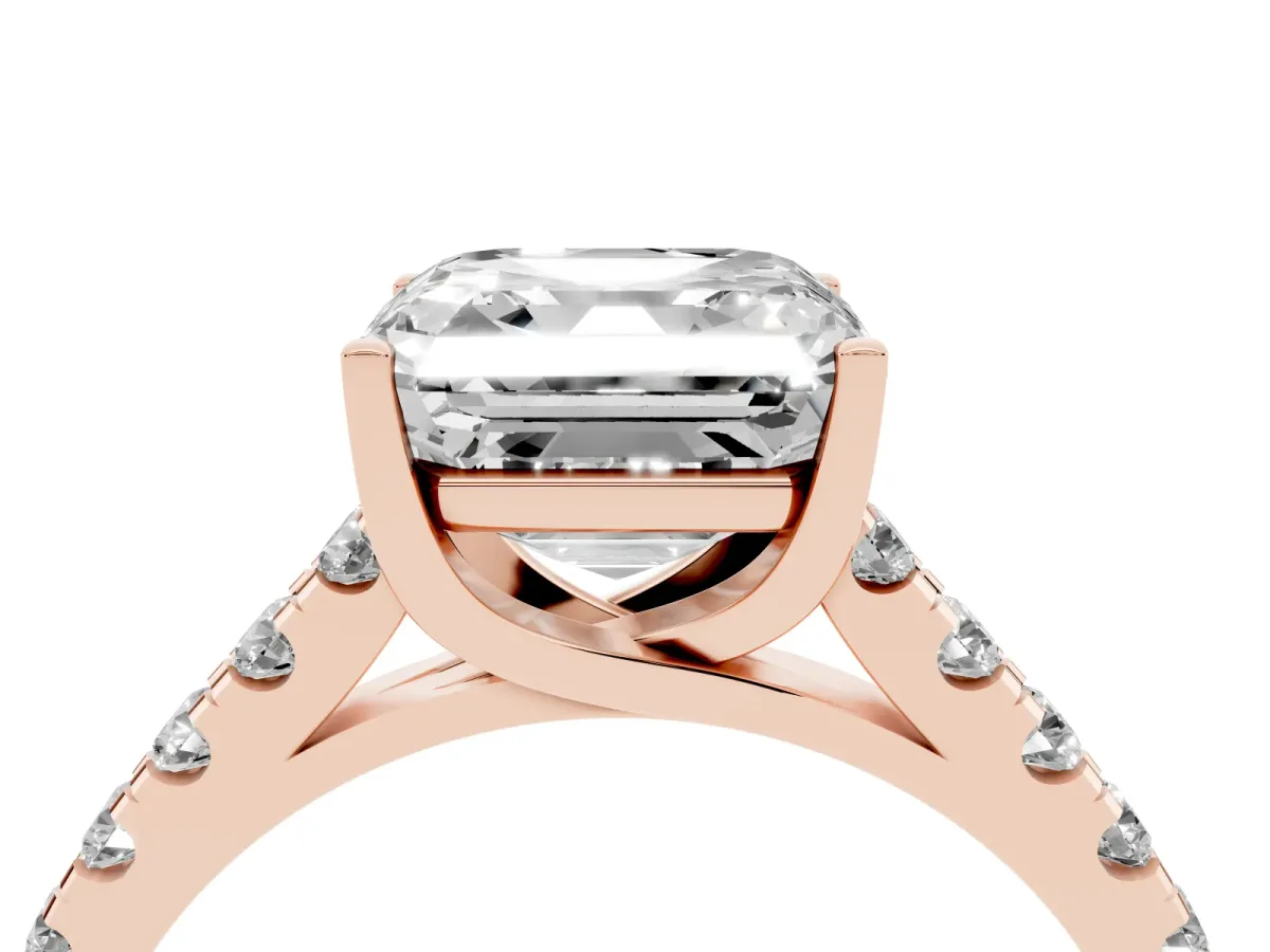 Asscher Cut Diamond Pavé Band Solitaire Ring with Prong Setting Rose gold